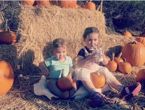 Two toddlers sit on a hay bale holding small pumpkins